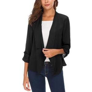 Urban CoCo Women's Ruched Sleeve Lightweight Thin Chiffon Blazer (Black, XL)