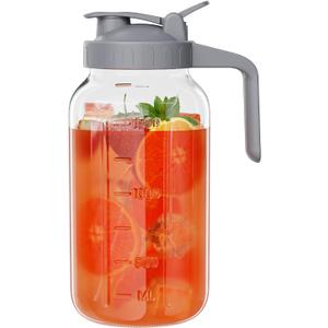 Glass Mason Jar Pitcher, 64 oz Wide Mouth Jug with Pour Spout Handle Lid for Cold Brew Coffee, Ice Beverage, Iced Juice, Lemonade, Sun Tea, Fruit Drinks Container (64 Ounces, Gray)