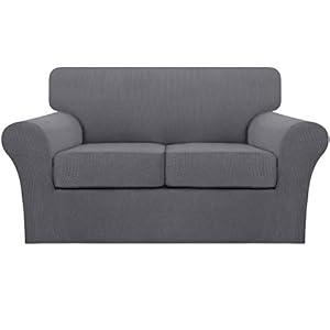 Turquoize 3 Piece Sofa Covers for 2 Cushion Couch Sofa Slipcover Soft Couch Cover for Dogs-Washable Sofa Furniture Covers with 2 Individual Cushion Covers, Thick Jacquard Fabric (Loveseat, Gray)