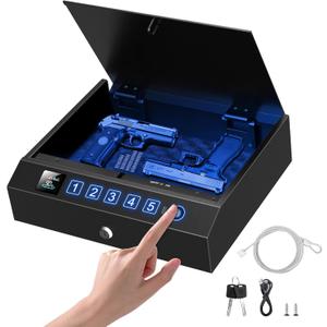 Biometric Gun Safe for Handgun 3-Ways unlock Fingerprint Digital PIN Key Unlock Pistol Safe with Security Cable Gun Lock Box With Interior Light For Nightstand Car & Home Security