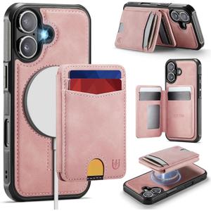 for iPhone 17 Case Wallet Compatible with Magsafe, RFID Blocking Magnetic Card Holder 2 in 1 Detachable Kickstand Shockproof Phone Case for iPhone 17 6.3" Rose Pink
