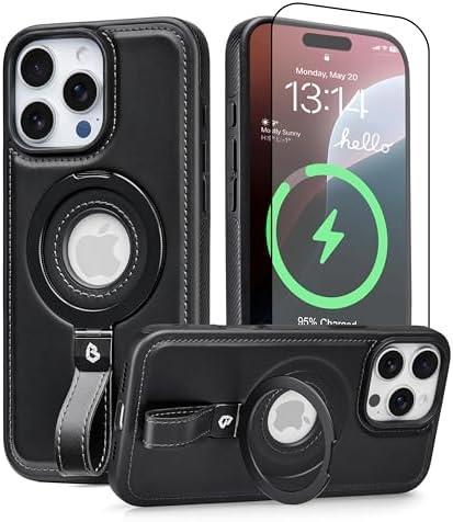 BUTAIGA Magnetic Ring Grip Holder for iPhone 16 Pro Max Case Leather | iPhone 16 Pro Max Leather Case with Stand | Compatible with MagSafe (Black, IP 16 Pro Max-6.9inch)