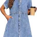 KDF Denim Dress for Women with Pockets Short Sleeve Babydoll Denim Shirt Dresses for Women 2026, Light Blue, L