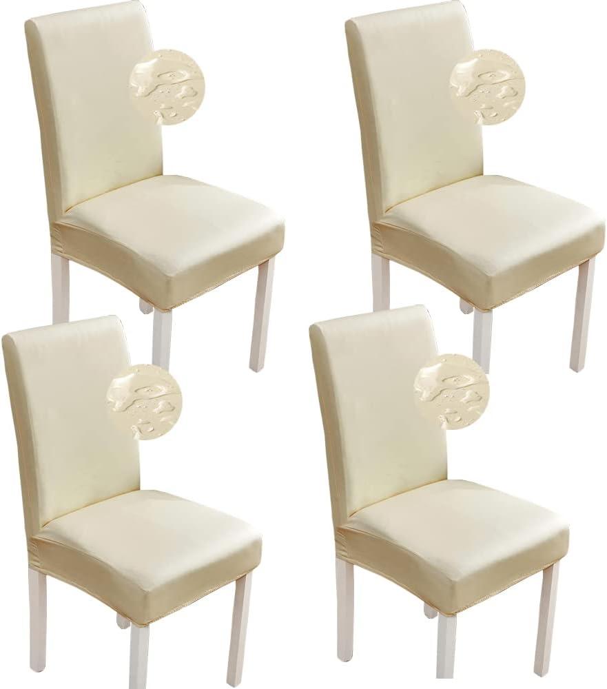 Shukii Stretch Dining Chair Covers Waterproof PU Leather Chair Slipcovers Chair Protector Cover Universal Chair Covers for Dining Room Kitchen Hotel (Set of 4, Beige)