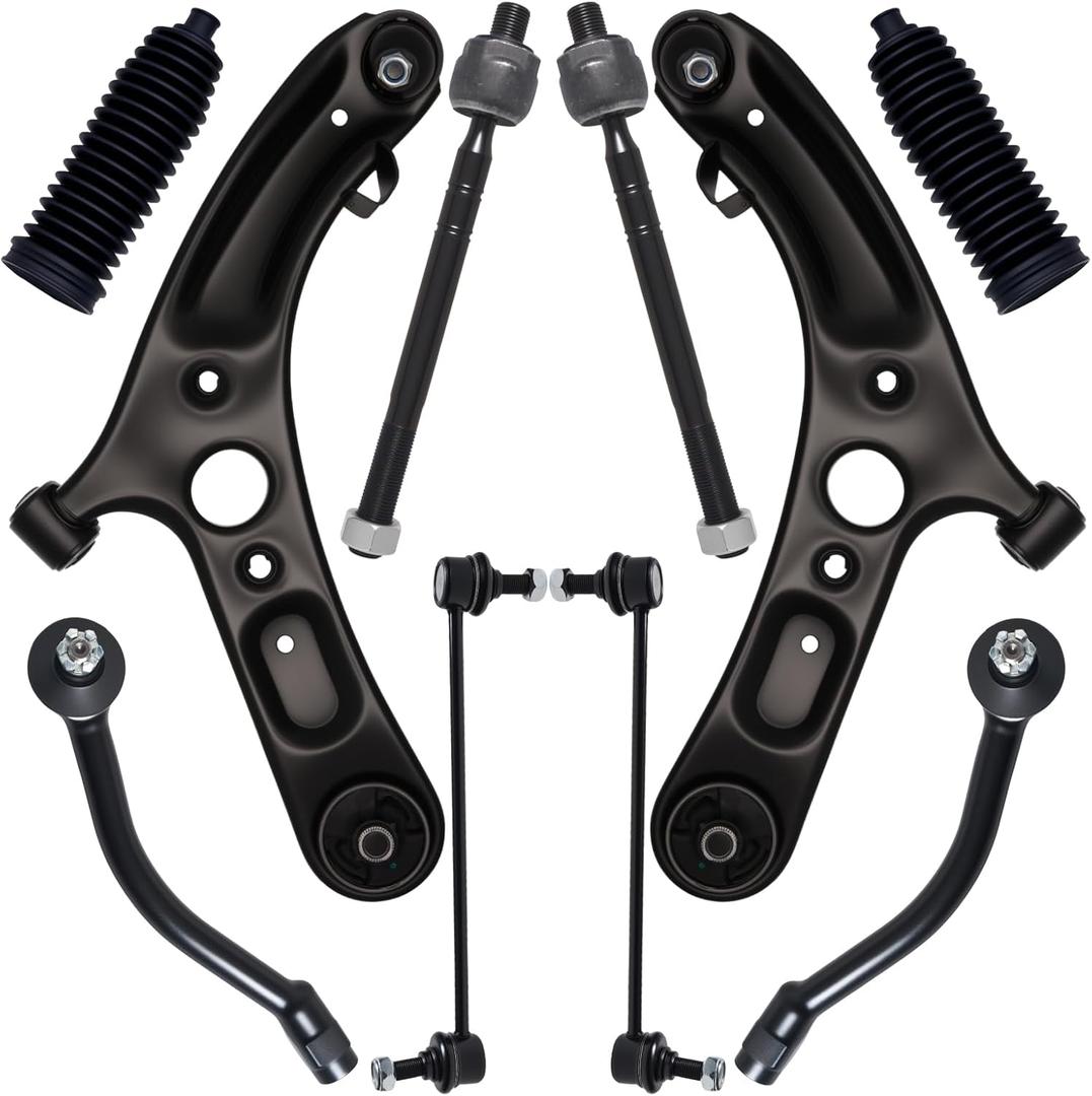 10Pcs Front End Suspension Kit Fit For 2011-2016 Hy-undai Elantra Sedan, 12-17 Veloster, 2 Lower Control Arm w/Ball Joint 2 Sway Bar Link 4 Outer & Inner Tie Rod End (# K622232 K622646 EV800886)
