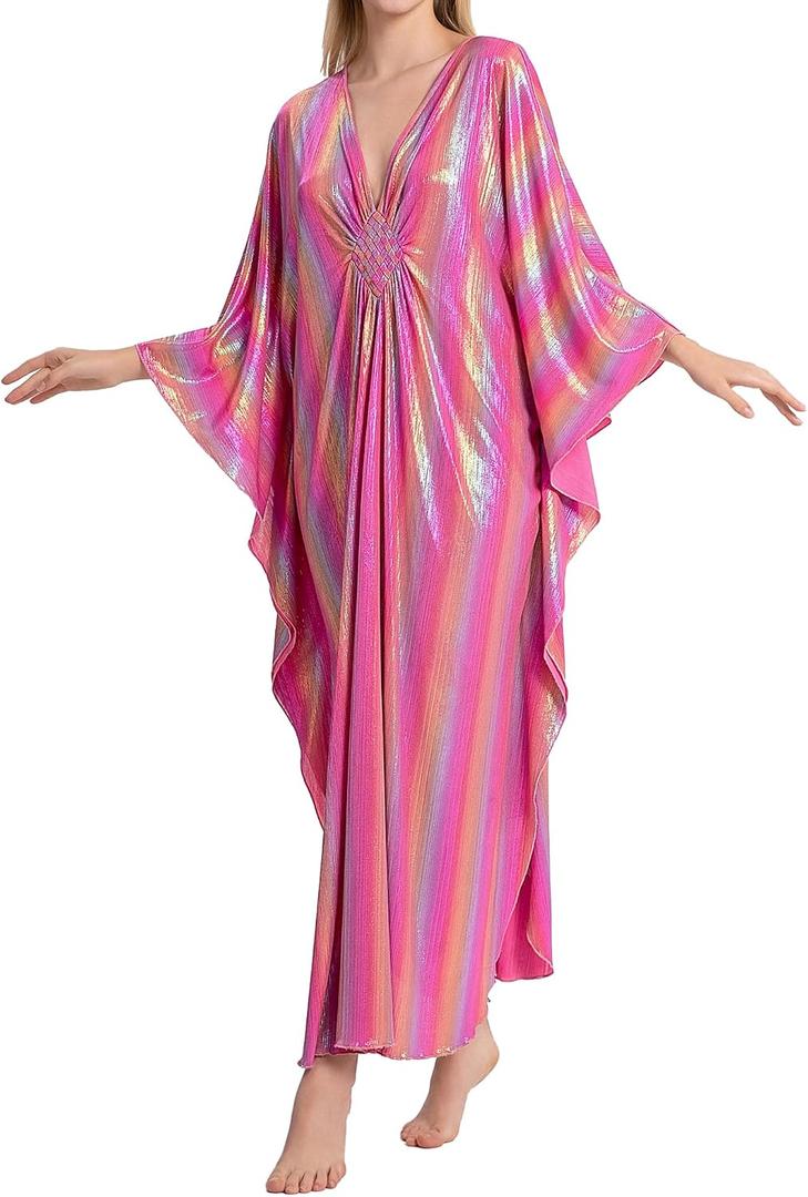 Bsubseach Kaftan Dresses for Women Sparkly Caftan Beach Cover Up, One Size (Pink)