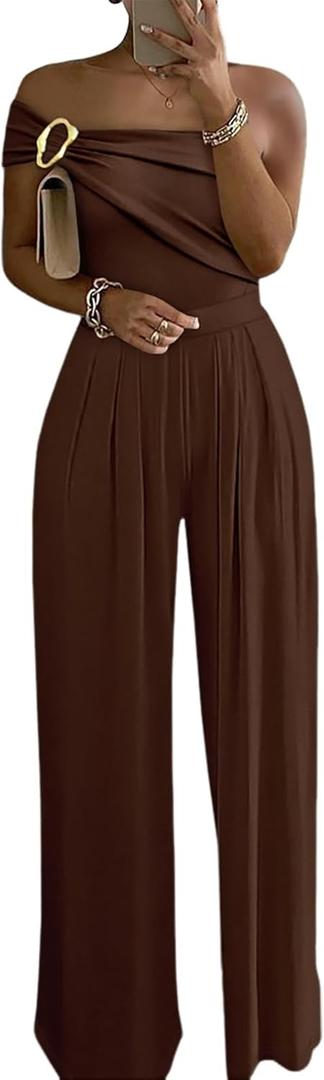 CHICME Womens Sleeveless Jumpsuit One Shoulder Ruched Romper Casual Fall Buckle Decor Wide Leg Jumpsuits Brown-S