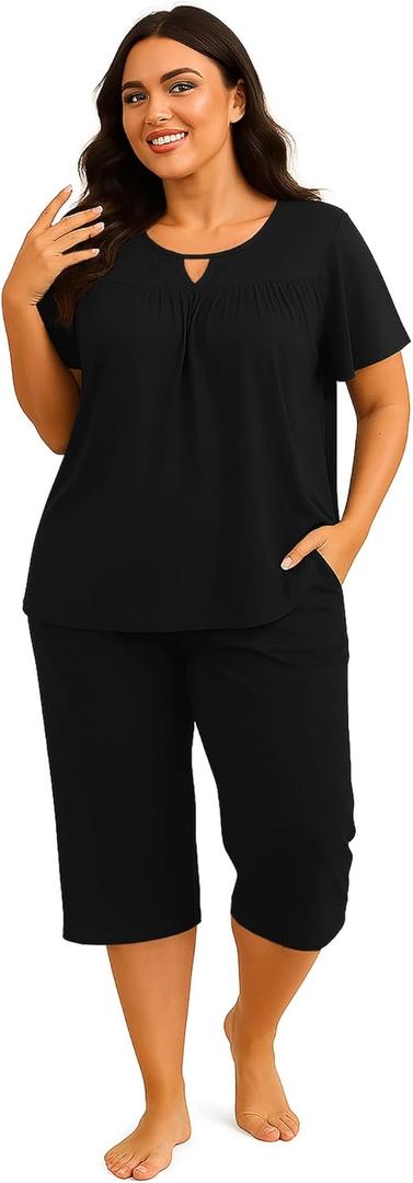 Heat Move Womens Plus Size 2-Piece Pajama Set  Soft Short Sleeve Top & Capri Pant Sleepwear with Pockets, L-5XL