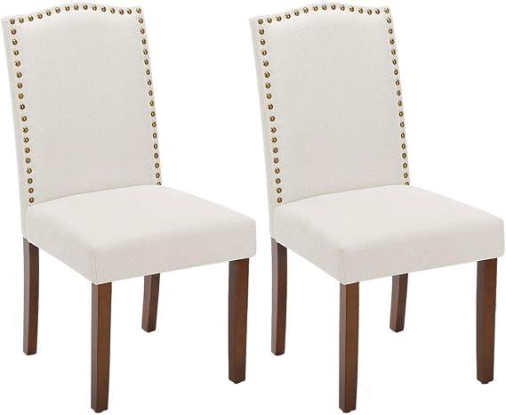 Kitchen Chairs Set of 2 Modern Upholstered Fabric Seat with Nailhead Trim and Ergonomic Lumbar Support for Living Room and Rustic Farmhouse Dining Area, Beige