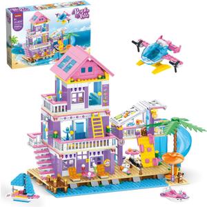 Friends Seaside Villa Building Set, 955 Pcs Beach House Building Block Toys, STEM Creative Vacation Hut Brick Kit with Helicopter,Sailboat,Yacht,Birthday Gifts for Kids Girls Boys Age 6-12+