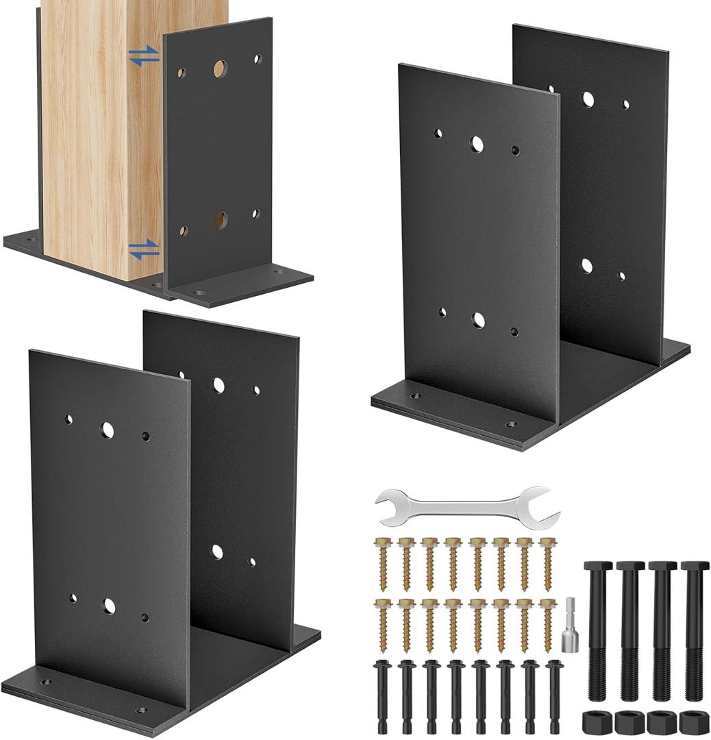 6x6 Post Base 2 Pcs,Heavy Duty Detachable Post Bracket with Adjustable Inner Size (5.6" x 5.1"-6.1") , Rust-Proof Powder-Coated Thick Post Anchor for Deck Railing, Fences, Mailboxes, Pavilions (Black)