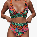 Hilinker Women's Leopard Bikini Swimsuits V Neck High Waisted 2 Piece Bathing Suits XL
