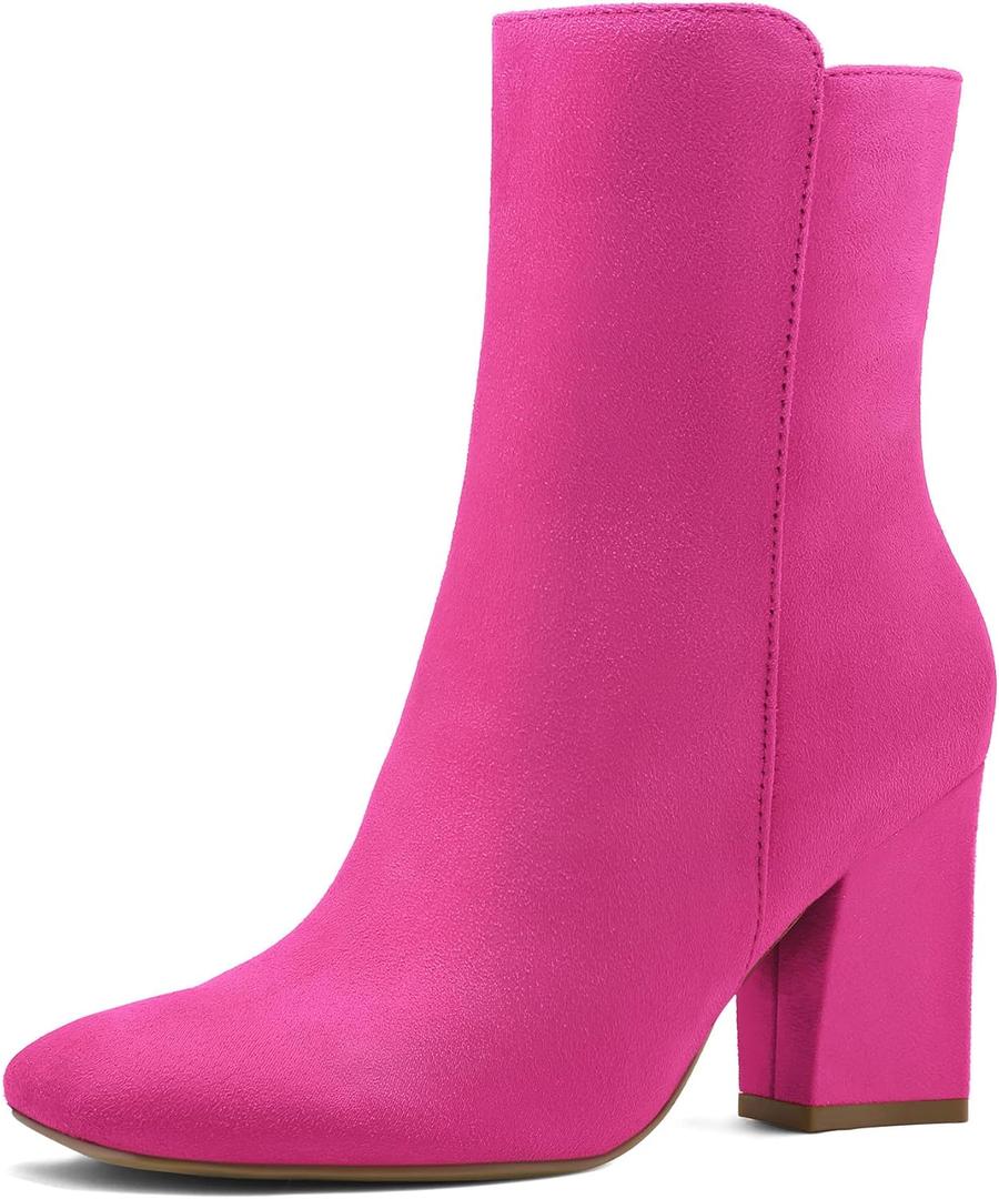 mysoft Women's Ankle Boots Square Toe Side Zipper GoGo Boots Chunky Block Heel Mid Calf Low Heeled Short Booties (8.5, Hot Pink)