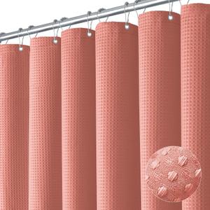 Dynamene Coral Fabric Shower Curtain - Waffle Weave Textured Heavy Duty Cloth Shower Curtains for Bathroom, 256GSM Hotel Luxury Weighted Bath Curtain Set with 12 Hooks,72x72, Coral
