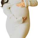 Off Shoulder Knit Bodycon Mermaid Going Out Baby Shower Maternity Sweater Maxi Dress (Medium, Beige)