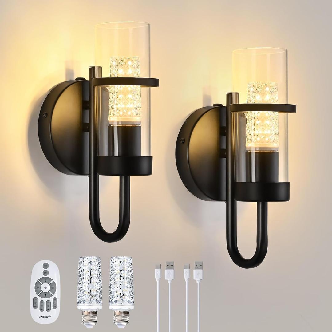 Battery Operated Wall Sconce Set of 2, Rechargeable Wireless Wall Lights with Remote, Dimmable Black Sconces with Clear Glass Shade for Bedroom Living Room Hallway, 3000K Crystal Bulb Included