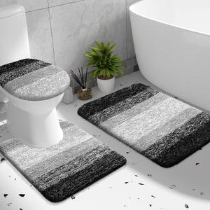 OLANLY Bathroom Rugs Sets 3 piece, Soft Microfiber Absorbent Bath Mat, U-Shaped Contour Toilet Mat and Toilet Lid Cover, Quick Dry, Machine Washable, Toilet Cover and Rug Set for Bathroom, Black (30" x 20" + U24" x 20" + 17.5" x 15")