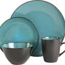 Gibson Elite Soho Lounge 16-Piece Round Reactive Glaze Stoneware Dinnerware Set, Service for 4 Teal Plates and Bowls