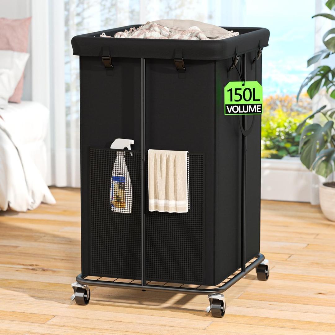 150L Laundry Hamper with Wheels, Rolling Laundry Basket with Metal Frame and Removable Bag, Large & Tall Dirty Clothes Hampers for Bedroom Aesthetic, Laundry Room, Bathroom, Dorm-Black, 40GAL