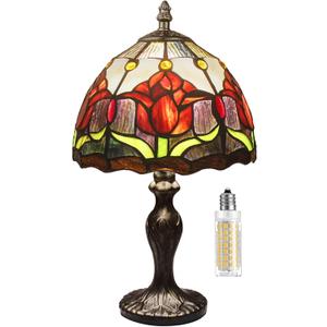 Stained Glass Table Lamp,Stained Glass Crystal Bead Style Table Light, Handmade Desk Bedside Night Light, Antique Art Craft Gifts Lover Living Room Bedroom Bookcase (Red Tulips)