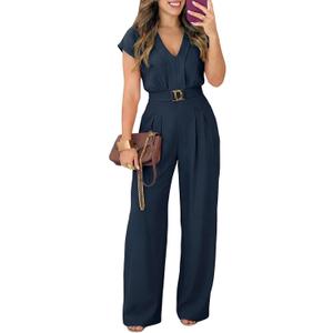Pink Queen Jumpsuits for Women Dressy V Neck Short Sleeve Wide Leg Rompers Business Casual One Piece Outfits (X-Large)