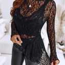 CHICME Womens Long Sleeve Mesh Top Round Neck Lace Floral See Through Blouses Casual Asymmetrical Shirt (Without Tank) (Black, S)