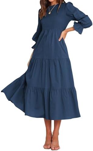 BTFBM Women Casual Long Sleeve Crew Neck Fall Dress Bohemian Relaxed Fit Floral Flowy Maxi Dresses Tiered Cocktail Dress Large