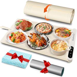 Warming Mat for Food,Food Warming Mat with 7 Temperature Settings and 12 Hours Timer,Upgrade High-tech Graphene Rollable Heating Food Warmer for Parties Buffet,Everyday Use(Beige) (XL Large Size: 24x15")