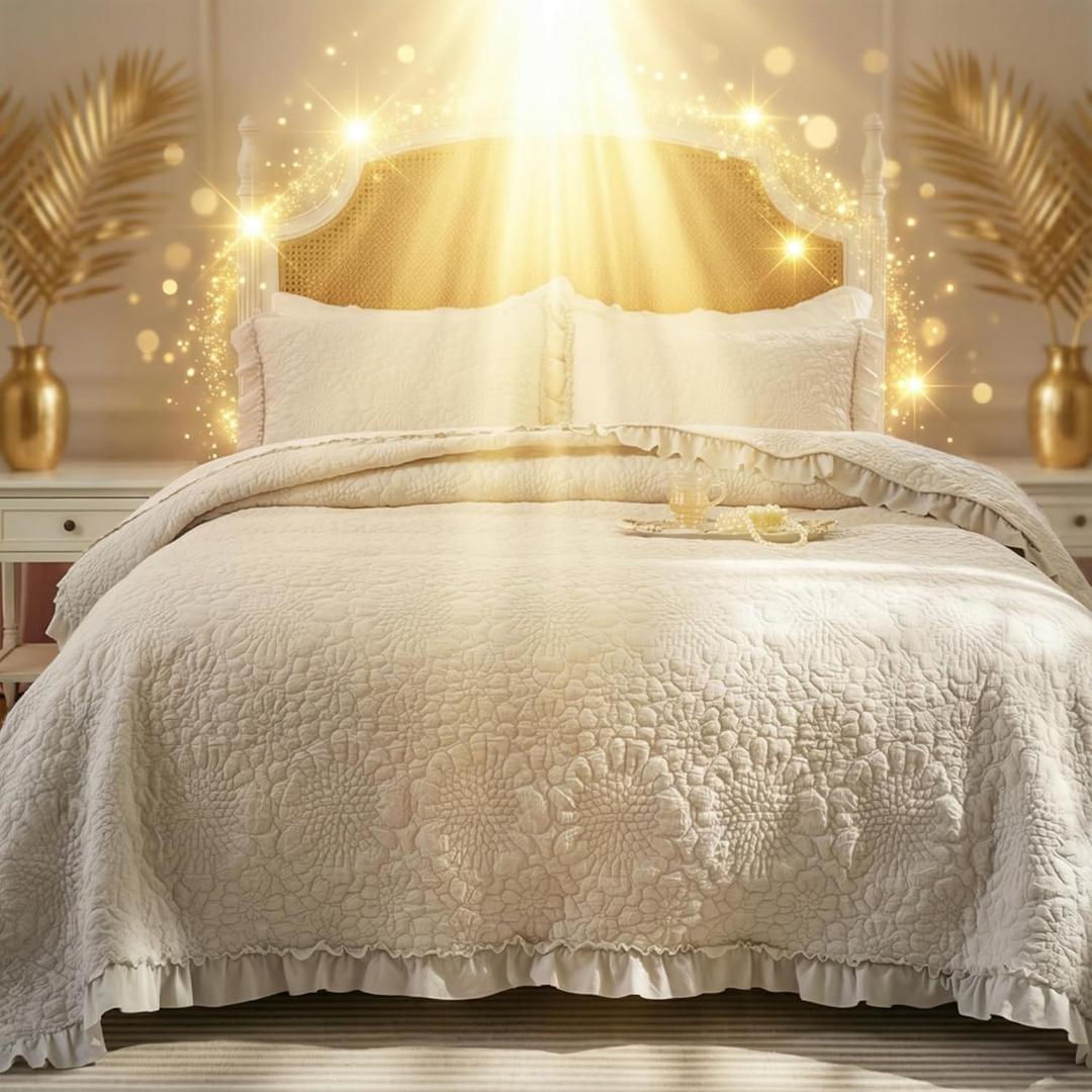 BOV 3 PCS Ruffle Quilt King Size,Exquisite King Bedspread with 2 Pillow Shams All Seasons for Modern Bedroom Decor (106"x96", Gray)