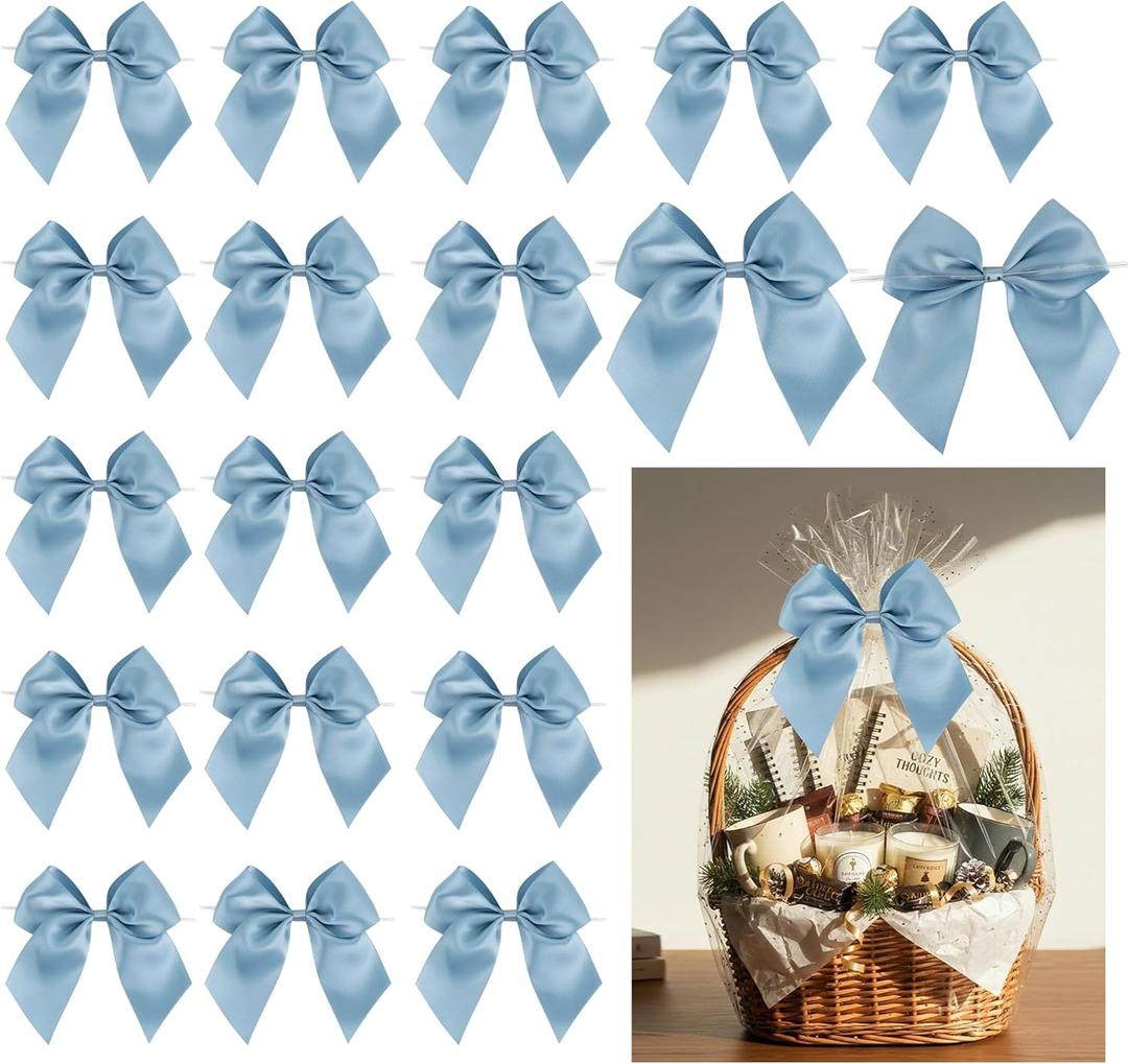 Dusty Blue Bows 5" Pre-Tied Twist Tie Bows 24 PCS Blue Satin Ribbon Bow for Gift Wrapping Treat Bags Wine Bottle DIY Crafts Baby Shower Birthday Wedding Party Favors