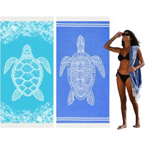 2 Pack Turkish Beach Towel Quick Dry Absorbent Cotton Lightweight Thin Bathroom Bath Pool Swim Towels Extra Large Oversized Sand Free Beach Accessories Essentials Stuff Cloud Adults Gift (X-Large(79 x 36 inches,200 x 90 cm), 2 Pack Blue Dark Blue Turtle)