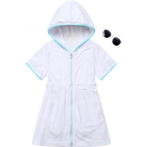 Girls Swim Cover Up Kids Beach Swimsuit Coverup Terry Zip-Up Bathing Suit Beach Pool Clothes with Sunglasses 8-9Y