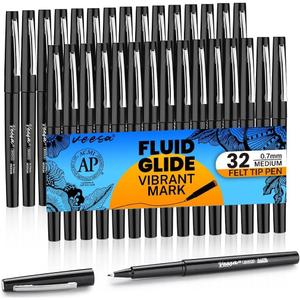 VEESA Felt Tip Pens Black, Medium Point (0.7mm), 32 Pack Felt Tip Markers for Writing, Journal, Planner Coloring, Note Taking, School Supplies for Teachers