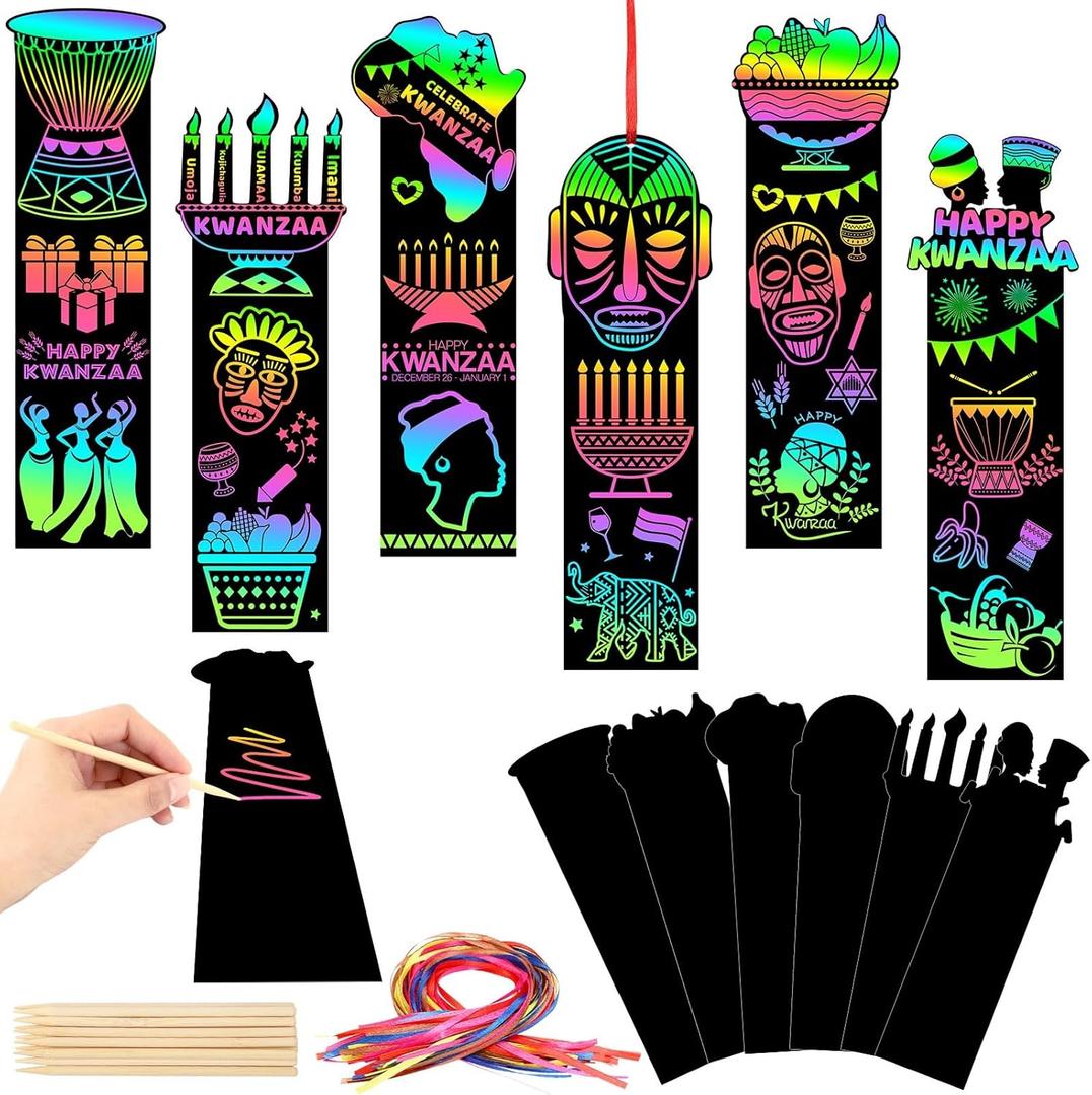 AUGSUN 96Pcs Kwanzaa Crafts, Magic Rainbow Scratch Paper Art Bookmarks Kwanzaa Gifts Activities DIY Craft Kit Party Favors