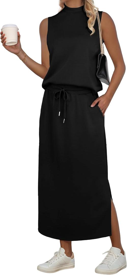 GRECERELLE Two Piece Skirt Sets for Women Sleeveless Mock Neck Top Split Maxi Skirt Vacation Travel Matching Set with Pockets (Medium, Black)