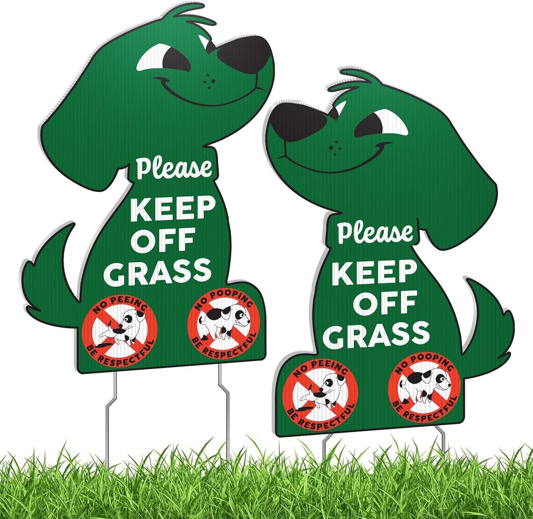 Keep Off Grass Signs for Yard with Stakes, 8 x 12 Inch Green Dog Shaped Double Sided No Dog Poop Signs for Yard, Weather-Resistant Corrugated Plastic Lawn Sign
