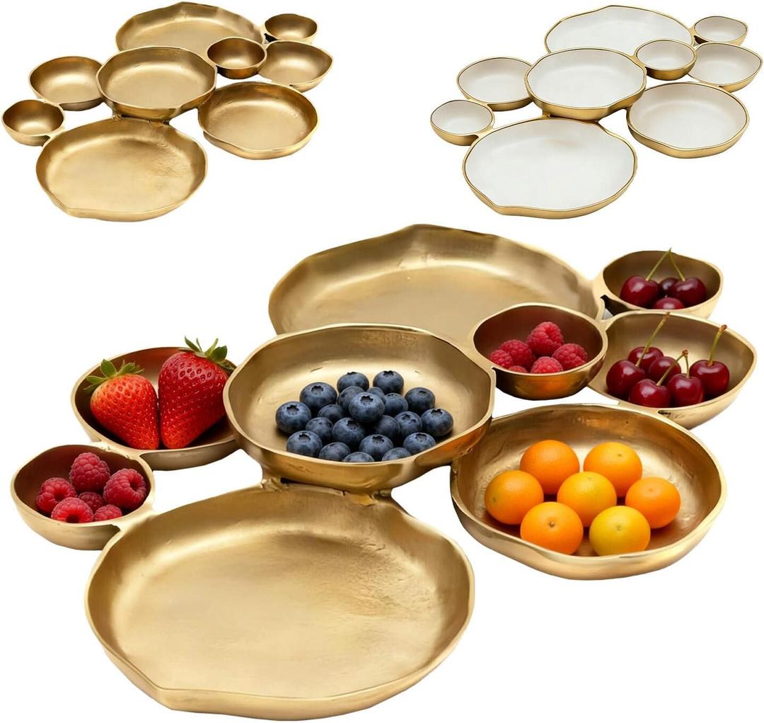 Cluster of 9 Round Serving Bowls, on an Elegant 22-Inch Gold Tray Perfect for Snacks Dips and Appetizers at Parties Weddings and Gatherings, A Decorative Multi-Bowl Platter for Entertaining