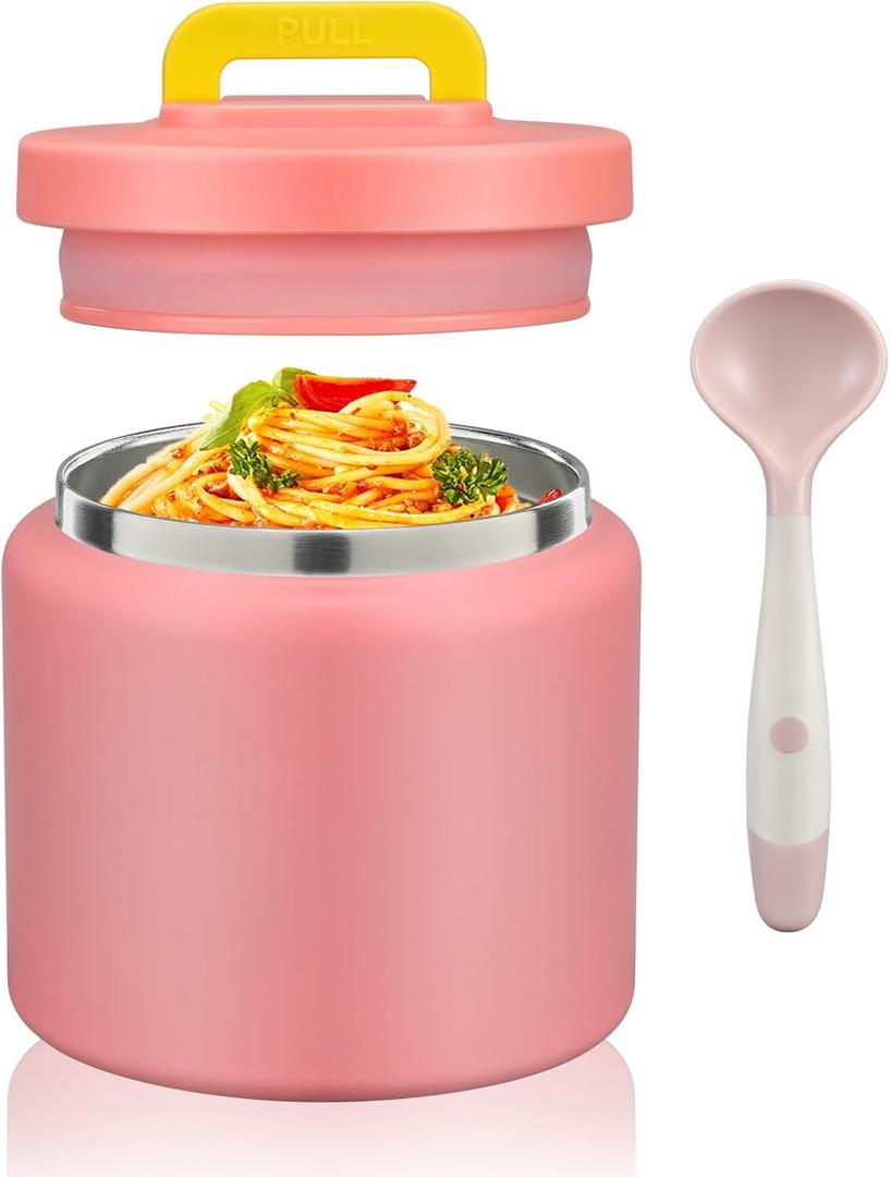 13.5 Oz Thermo Food Jar for Hot & Cold Food for Kids, Insulated Lunch Containers Hot Food Jar,Leak-Proof Vacuum Stainless Steel Wide Mouth Lunch Soup Thermo for School (Pink-Pure(13.5OZ))