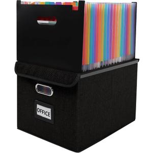 File Organizer Box with Folder, 25 Pockets Accordion File Organizer with Colored Labels, Upgraded & Portable File Folders for Home, Office, School, Black