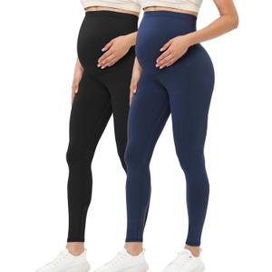 Buttergene Women's Maternity Leggings over the Belly Pregnancy Active Wear Workout Yoga Tights Pants (2pack Black/Navy)