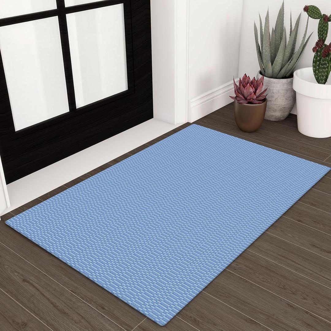 KOZYFLY Washable Area Rug 2x3 Ft Small Entryway Rug Indoor Door Mat Throw Rugs with Rubber Backing, Braided Cotton Floor Carpet for Front Entrance Bathroom Kitchen Foyer, Blue (Denim Blue/Ice Blue)