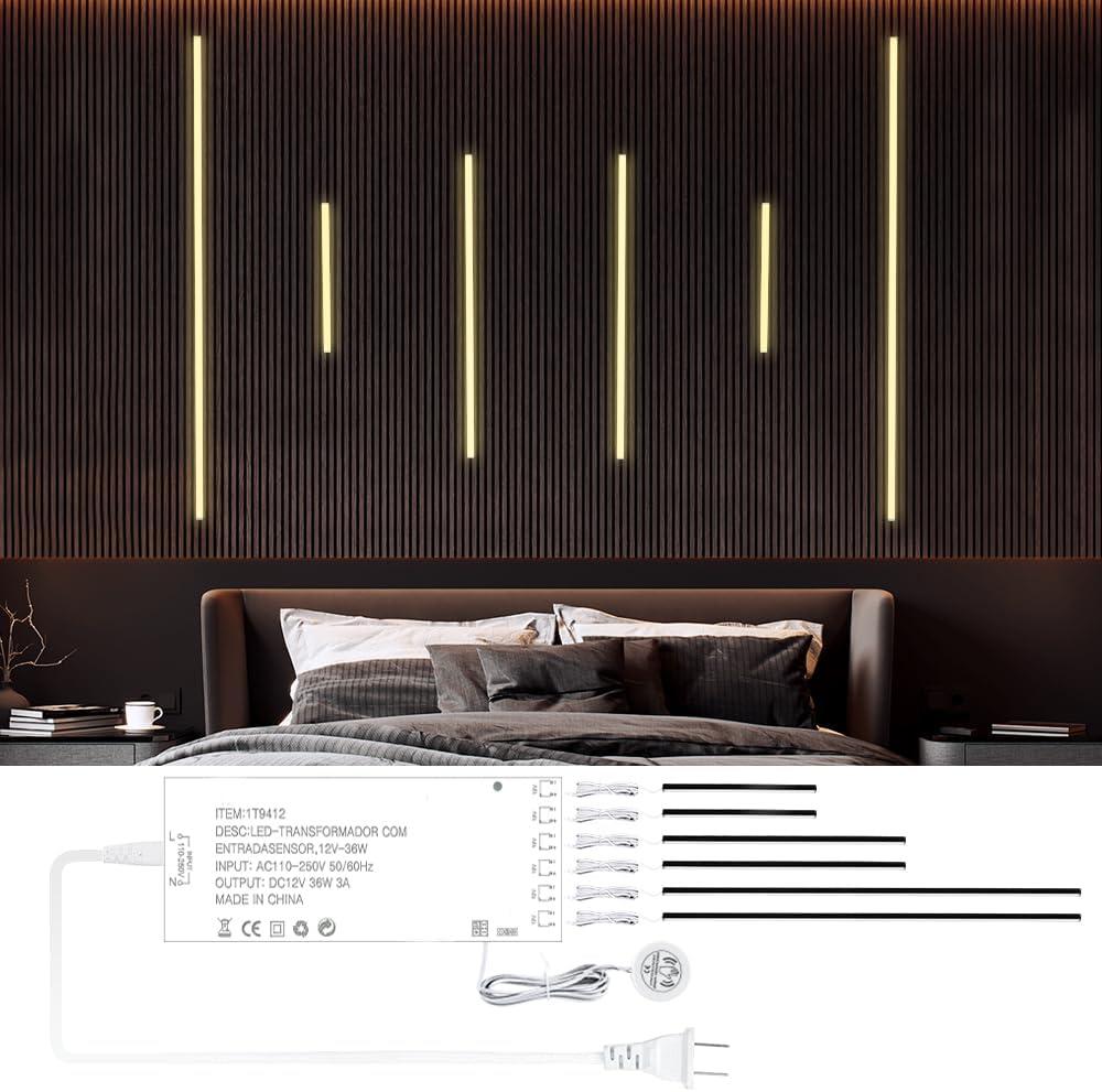 LED Recessed Lighting Kit,6 Pack Self-Adhesive COB LED Light Bar, Warm White 3000K, with Touching Switch, for Wood Slat Wall Panels,Headboards,Stairs,Home Decor,Under Cabinet Strip Light (Black Channel)