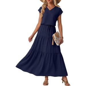 Lepunuo 2 Piece Skirt Sets for Women Flowy Maxi Skirts Cap Sleeve Tops Matching Sets Travel Vacation Outfits with Pockets (Blue, XL)