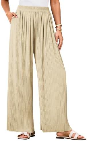 GRACE KARIN Women Wide Leg Pants Pleated Work Dress Pants Elastic Waisted Pull on Business Casual Trousers with Pockets,S