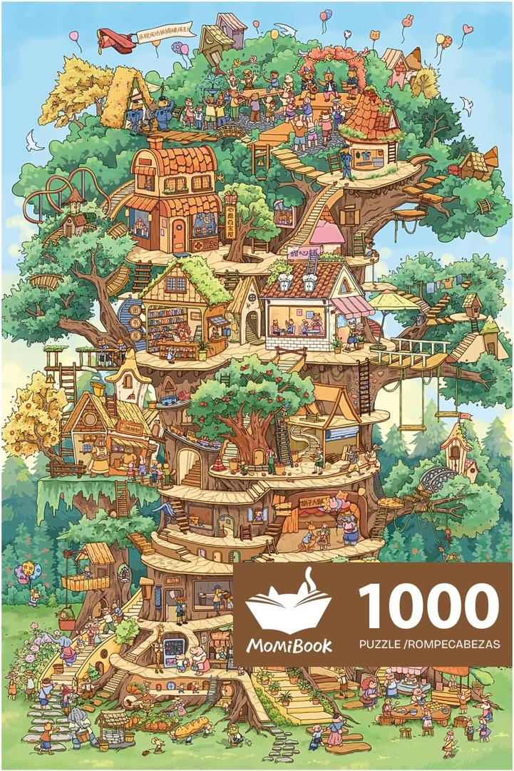 MOMIBOOK Puzzles for Adults 1000 Piece Jigsaw Puzzles of The Wonderful Tree House Expedition, Luminous Painting Image Challenging Hard Impossible Puzzle, Funny Toys & Games Christmas Birthday Gifts (Vertical 1000 Pcs)