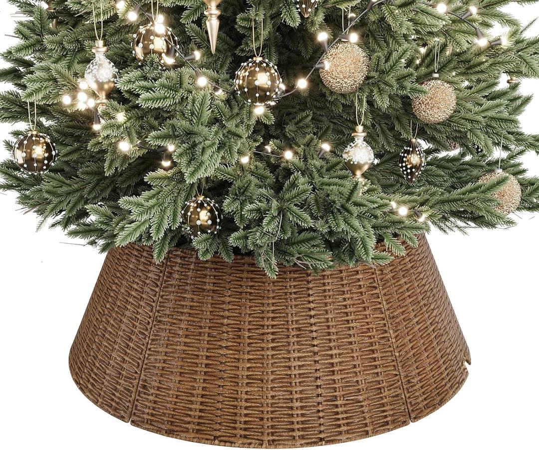 ELYKEN 28 Inch Christmas Tree Collar, 5-Piece Xmas Tree Skirt for Artificial Trees, Handcrafted Plastics Wicker Tree Base Cover with Cord Cut-Out Rustic Farmhouse Tree Ring for Home Decor,Brown-round Pp, 28 Inch