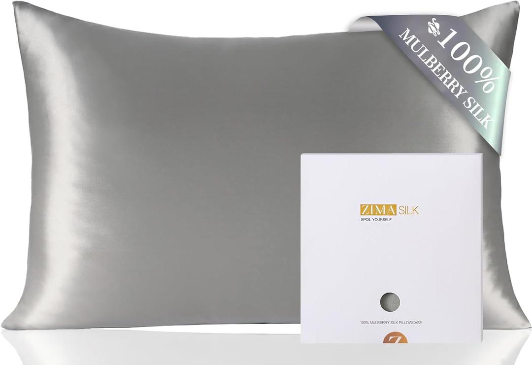 ZIMASILK 100% Pure Mulberry Silk Pillowcase for Hair and Skin Health,Soft and Smooth,Both Sides Premium Grade 6A Silk,600 Thread Count,with Hidden Zipper,1pc (Queen 20''x30'', Gray)