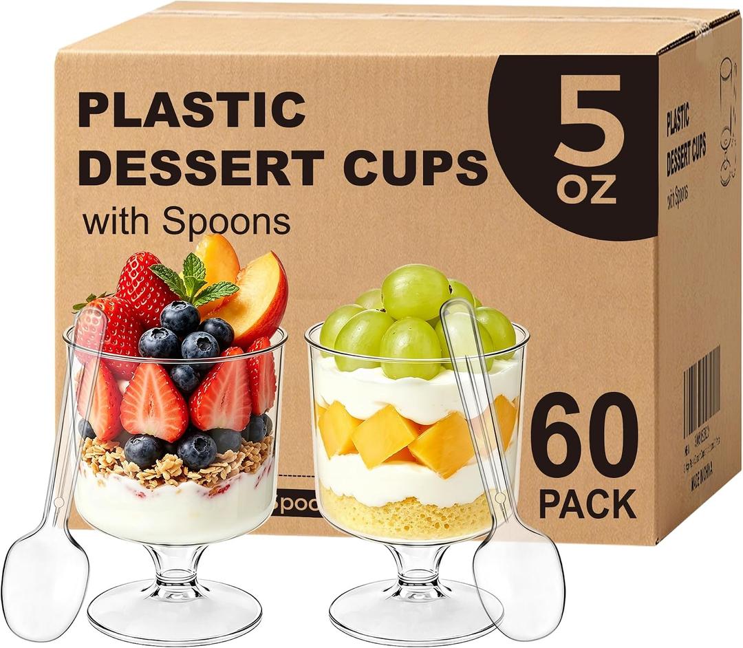 Ginkgo 60 Pack (120-Piece) 5 oz Plastic Stemmed Dessert Cups with Spoons, Disposable Clear Mini Parfait & Pudding Cups for Party Appetizers, Cake, Jello & Yogurt Shots