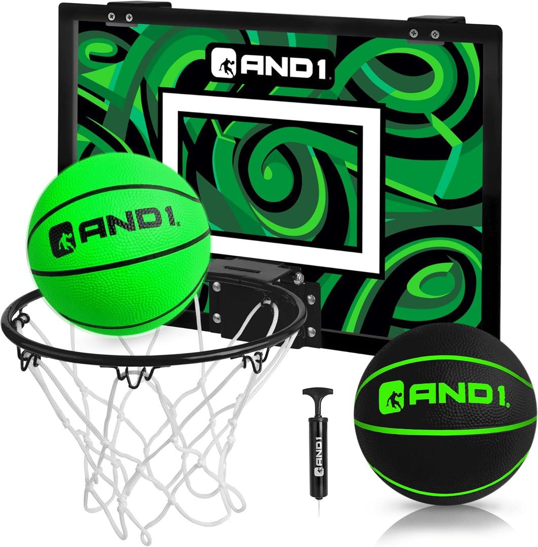 AND1 Over the Door Mini Basketball Hoop: 18x12 Shatterproof Backboard, 2 Mini Basketballs, and Hand Pump Included- Ultimate Indoor Basketball Accessory for Kids and Adults, No Tools Required (Green/Black)