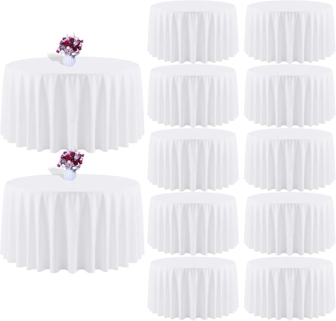 12 Packs 120 Inch White Round Tablecloth in Diameter, Washable Polyester Fabric Tablecloths, Wrinkle Resistant Table Cloth for Wedding Party Banquet Dining